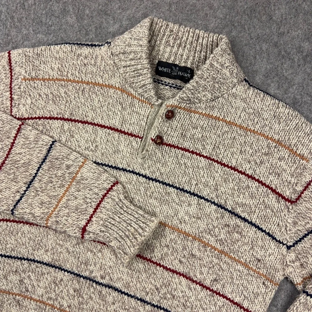 VTG White Hawk Striped Sweater Mens Large Chunky Knit Mock Neck 80s Ski Cabin